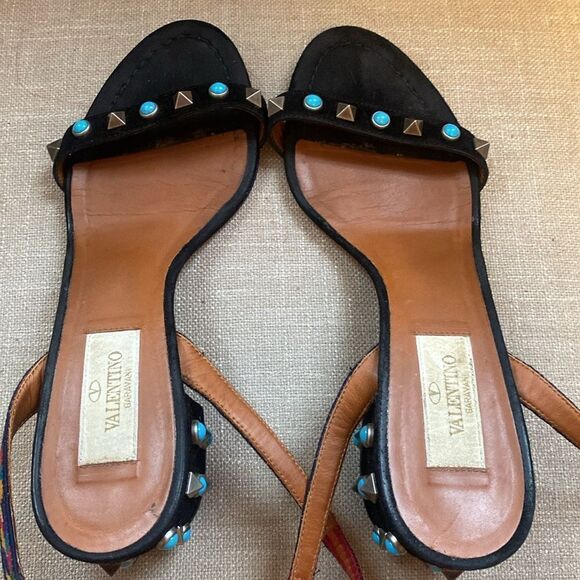 Valentino Black Suede Multicolored Rockstud Sandals 👡 - Picture 3 of 13